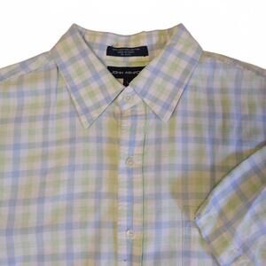 John Ashford Shirt Linen Blue Green Plaid Short Sleeve Button Up Shirt